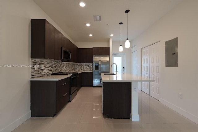 kitchen featuring dark brown cabinets, appliances with stainless steel finishes, electric panel, pendant lighting, and backsplash