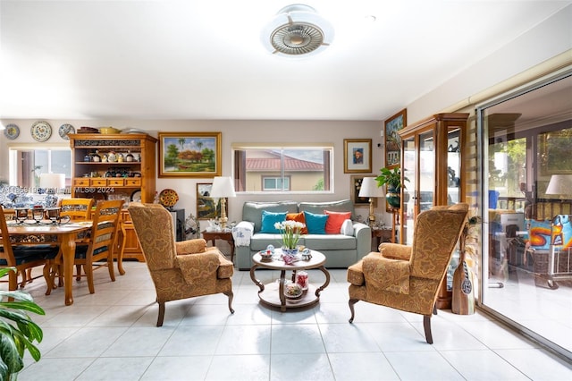 living room featuring light tile patterned floors and a healthy amount of sunlight