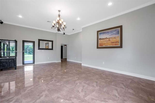 spare room featuring an inviting chandelier and ornamental molding