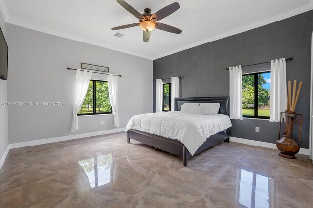 bedroom with multiple windows, crown molding, and ceiling fan