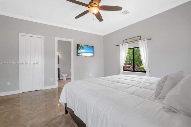 bedroom featuring ensuite bath, ceiling fan, a closet, and ornamental molding