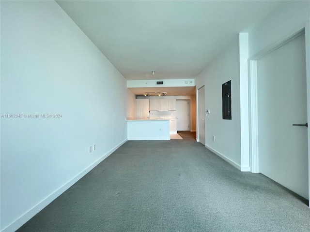 unfurnished living room with carpet floors, electric panel, and sink