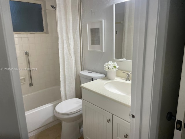 full bathroom with vanity, toilet, and shower / bathtub combination with curtain