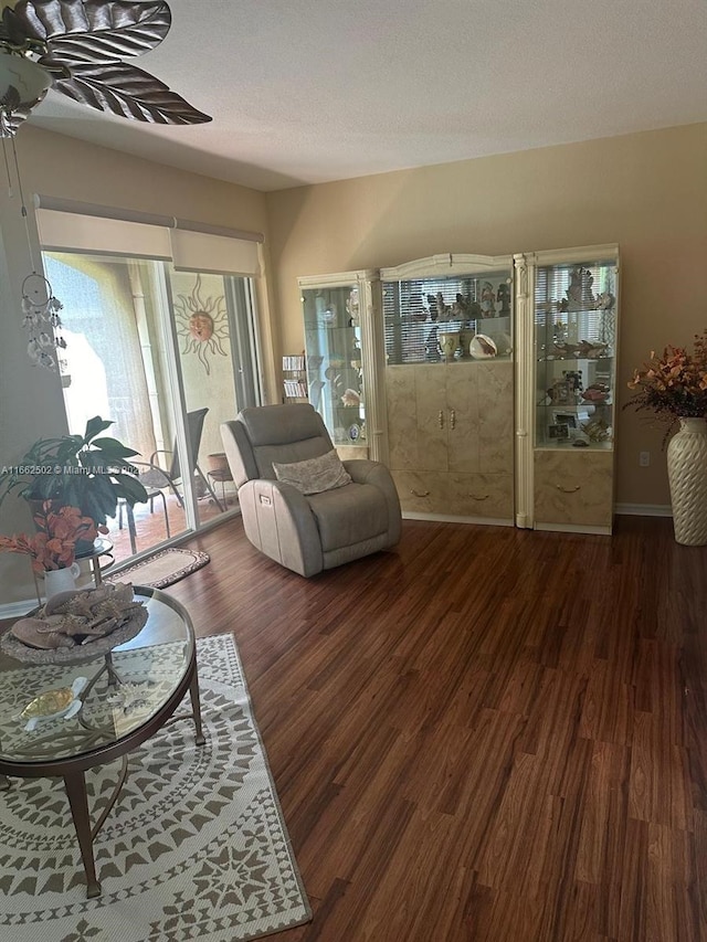 living room with a textured ceiling and dark wood-type flooring