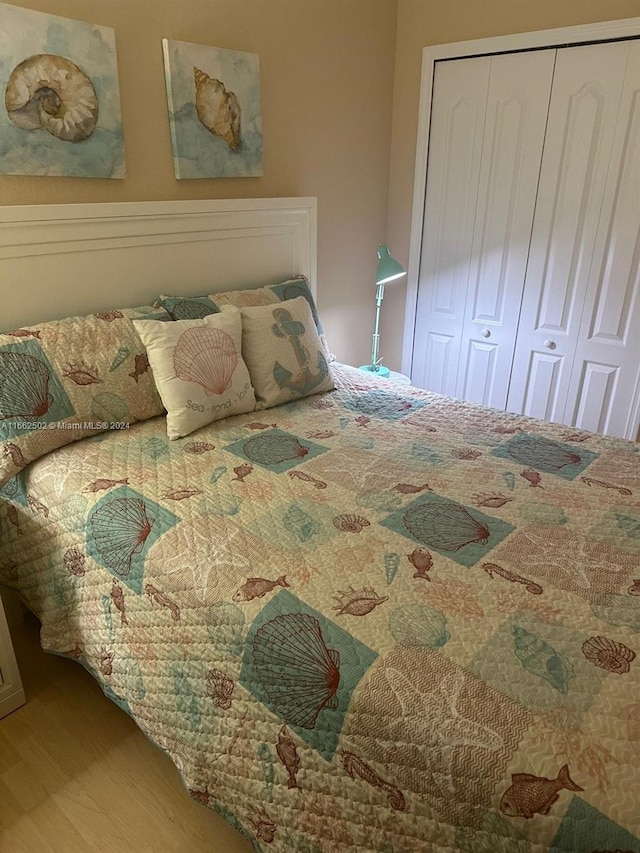 bedroom with hardwood / wood-style floors and a closet