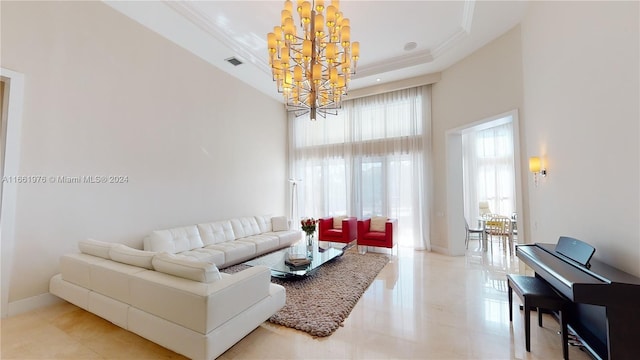1486 Commodore Way, Hollywood, FL 33019 - living area featuring a chandelier, a high ceiling, light tile patterned floors, a tray ceiling, and ornamental molding