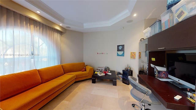 1486 Commodore Way, Hollywood, FL 33019 - living area featuring crown molding, a raised ceiling, recessed lighting, and an office area