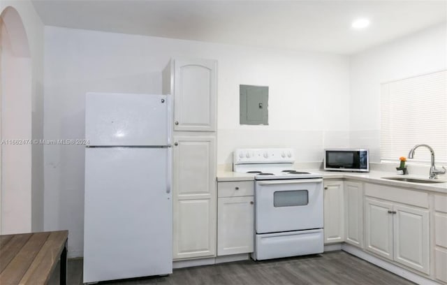 kitchen featuring a sink, white appliances, electric panel, light countertops, and dark wood-style floors