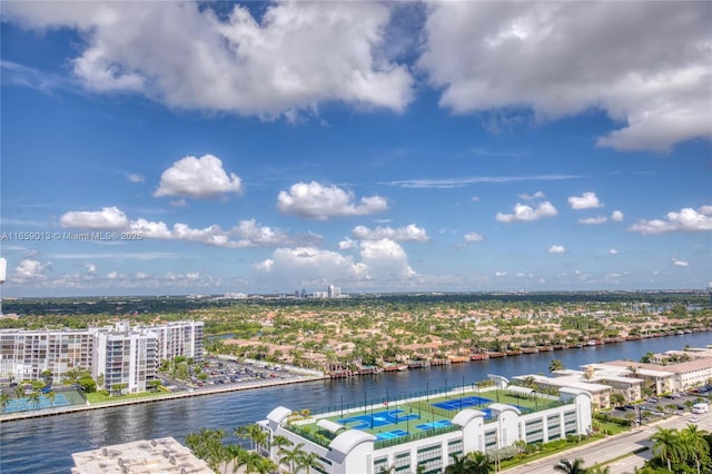 bird's eye view with a water view