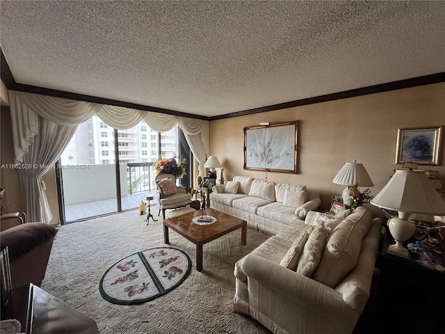 carpeted living room featuring ornamental molding and a textured ceiling