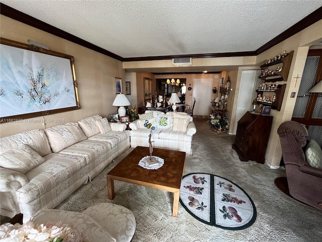 living room with carpet, a textured ceiling, and crown molding