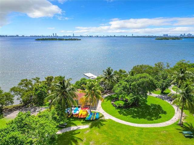 aerial view featuring a water view