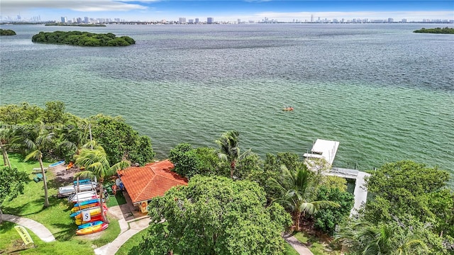 birds eye view of property featuring a water view