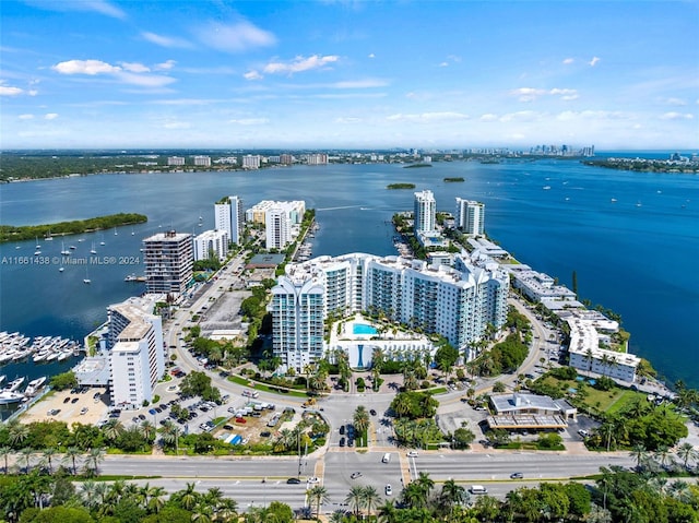 bird's eye view with a water view