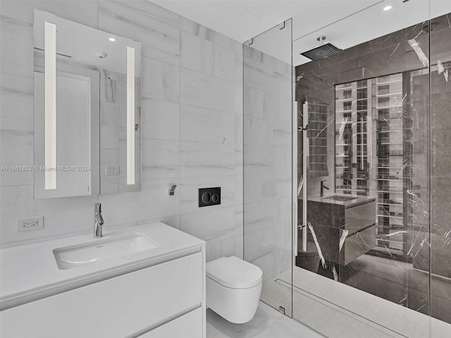 bathroom with vanity, an enclosed shower, tile walls, and toilet