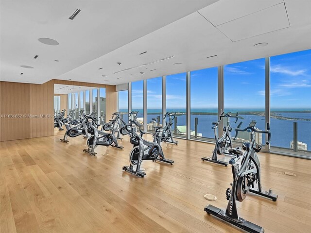 gym with expansive windows, a water view, and light hardwood / wood-style floors