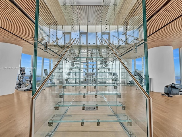 staircase with hardwood / wood-style flooring