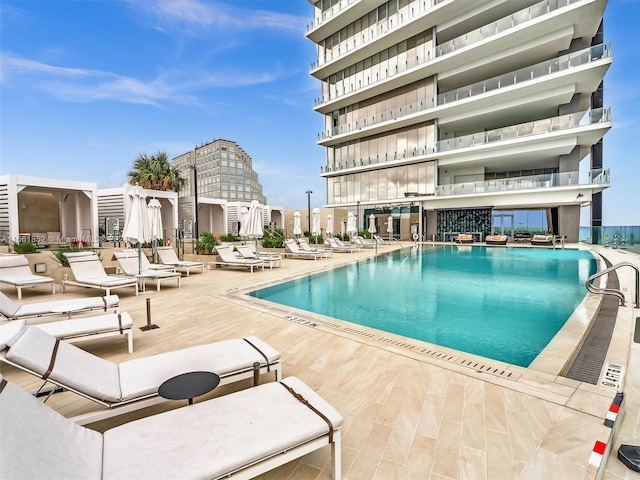 view of pool featuring a patio