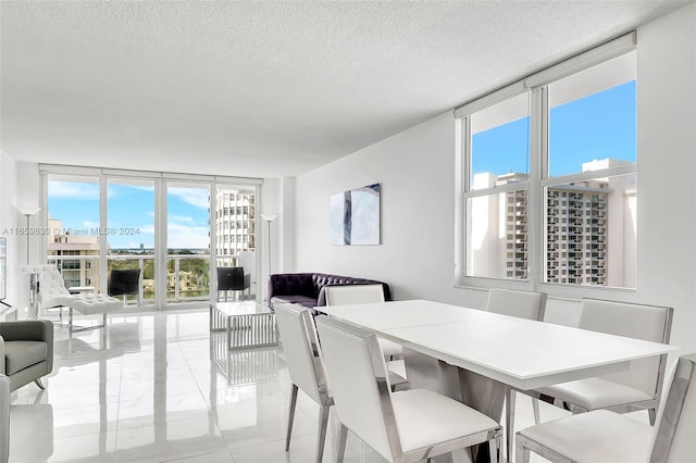 dining area with floor to ceiling windows, a textured ceiling, and a healthy amount of sunlight