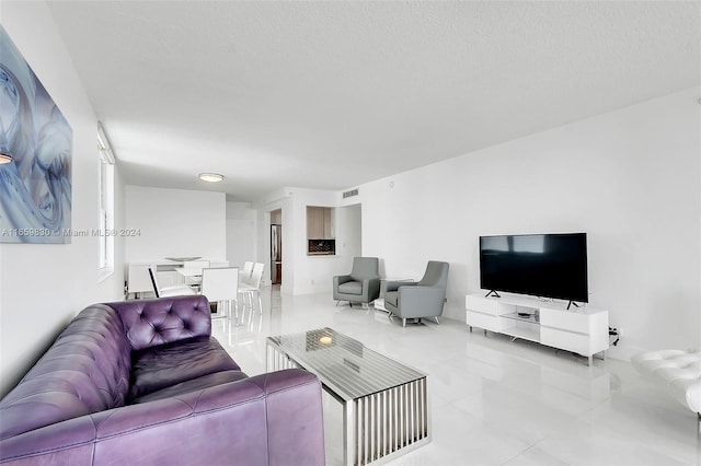 living room featuring a textured ceiling