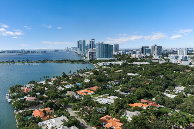 birds eye view of property featuring a water view and a view of city