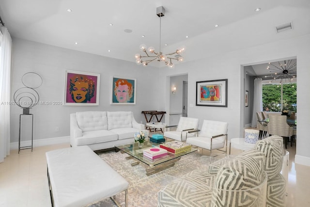 living room featuring baseboards, recessed lighting, visible vents, and an inviting chandelier