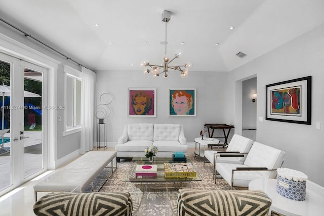 living area with baseboards, visible vents, french doors, a notable chandelier, and recessed lighting