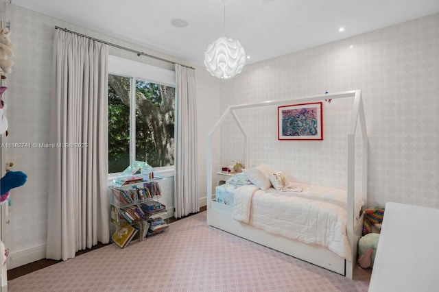 bedroom featuring a chandelier, carpet floors, recessed lighting, and wallpapered walls