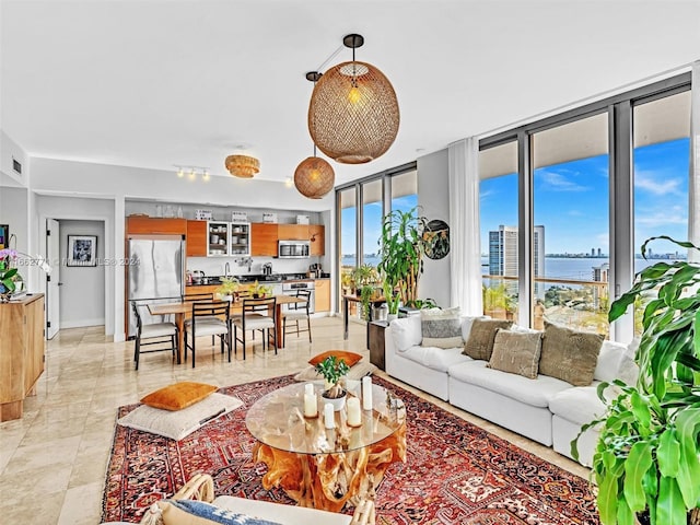 living room with a water view