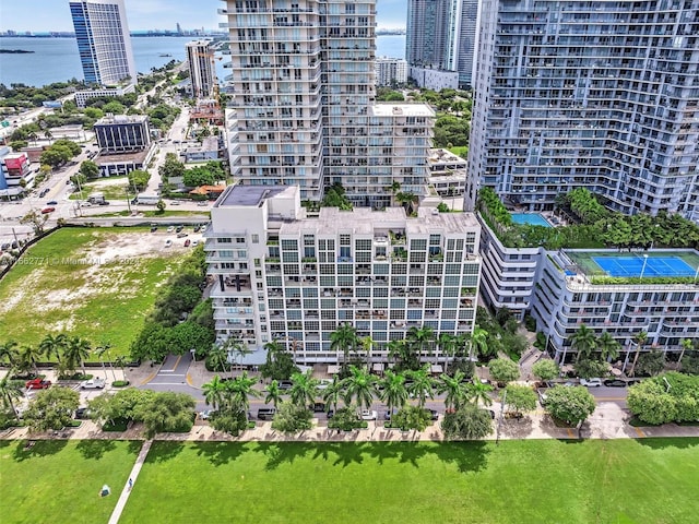 aerial view featuring a water view