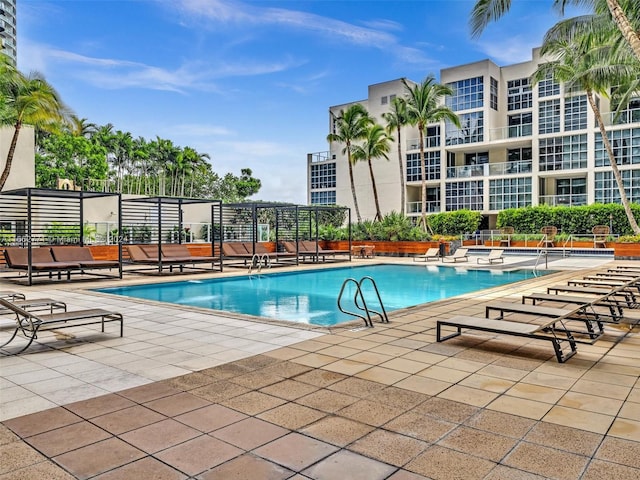 view of swimming pool featuring a patio area