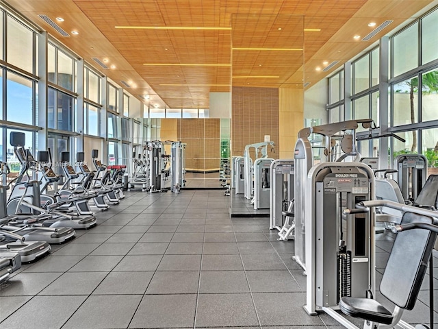 exercise room featuring floor to ceiling windows and a high ceiling