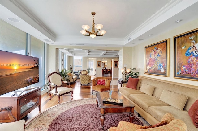 9801 NW Collins Ave Unit Ph8, Bal Harbour, FL 33154 - living room featuring visible vents, wood finished floors, a chandelier, ornamental molding, and coffered ceiling