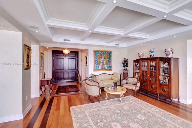 9801 NW Collins Ave Unit Ph8, Bal Harbour, FL 33154 - sitting room featuring beam ceiling, coffered ceiling, wood finished floors, and visible vents