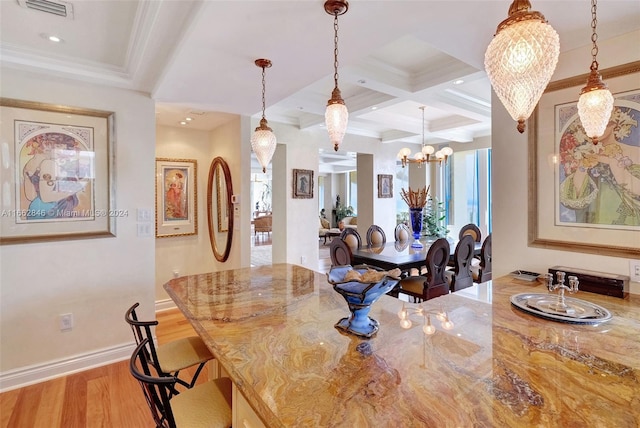 9801 NW Collins Ave Unit Ph8, Bal Harbour, FL 33154 - dining room with a notable chandelier, beam ceiling, wood finished floors, visible vents, and coffered ceiling
