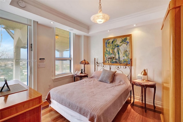 bedroom featuring access to outside, a tray ceiling, crown molding, and hardwood / wood-style floors