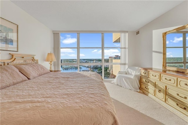 bedroom featuring carpet flooring, expansive windows, and a water view