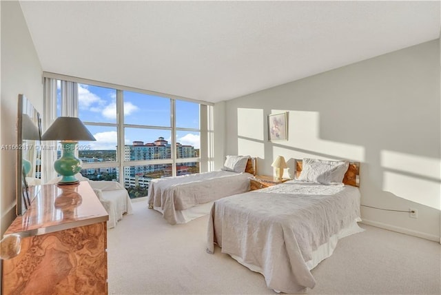 bedroom with expansive windows and carpet