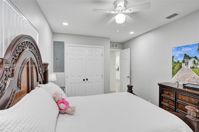 bedroom with a closet, electric panel, and ceiling fan