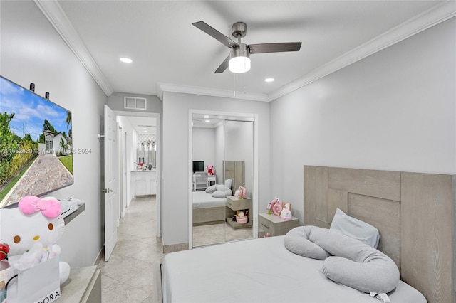 bedroom featuring crown molding, light tile patterned floors, and ceiling fan