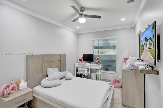 bedroom with ceiling fan and crown molding