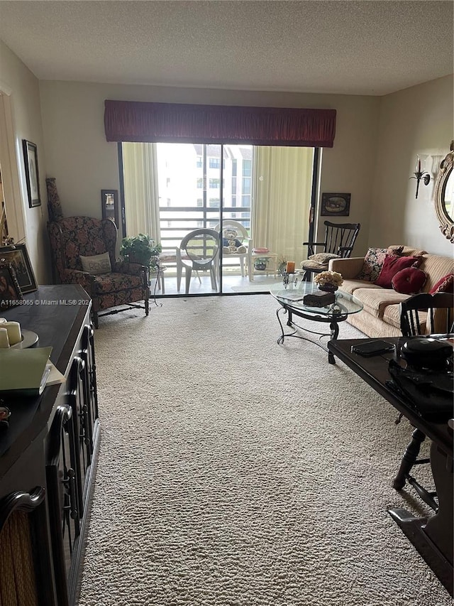 carpeted living room featuring a textured ceiling