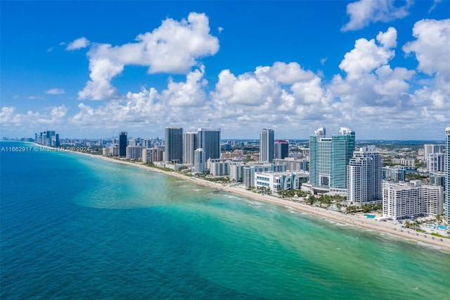 drone / aerial view featuring a beach view and a water view