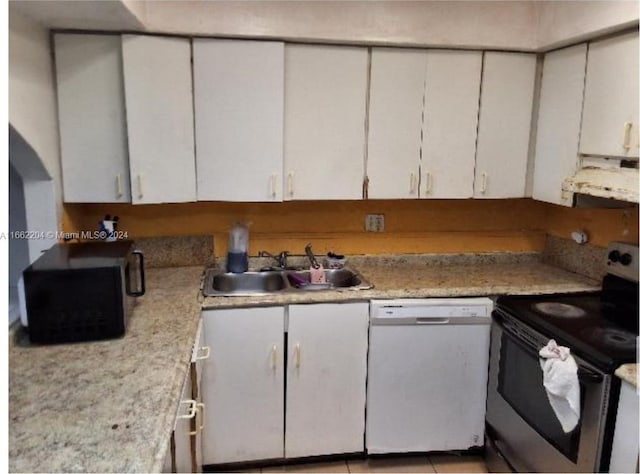 kitchen with white cabinets, sink, extractor fan, dishwasher, and electric range