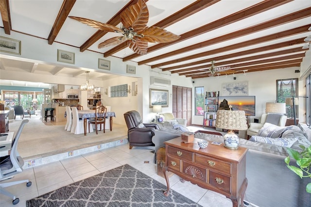 tiled living room with ceiling fan with notable chandelier, beam ceiling, and a wall unit AC