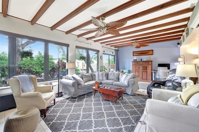 tiled living room featuring vaulted ceiling with beams and ceiling fan