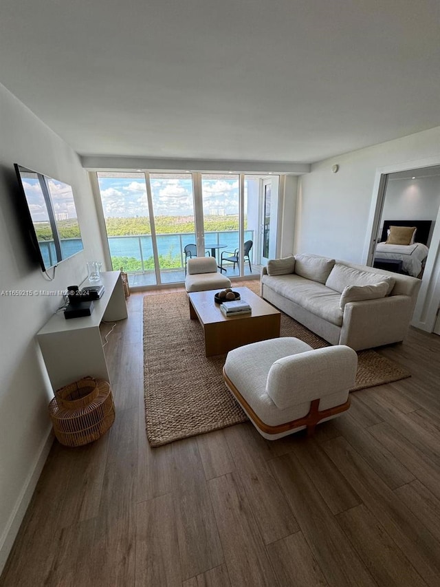 living room with hardwood / wood-style flooring and a water view