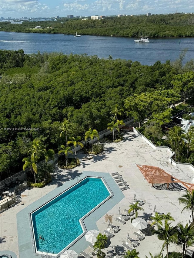 view of pool featuring a water view and a patio area