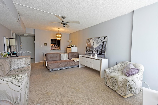 carpeted living room with ceiling fan with notable chandelier and a textured ceiling