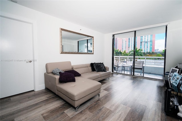 living room featuring hardwood / wood-style flooring and a wall of windows